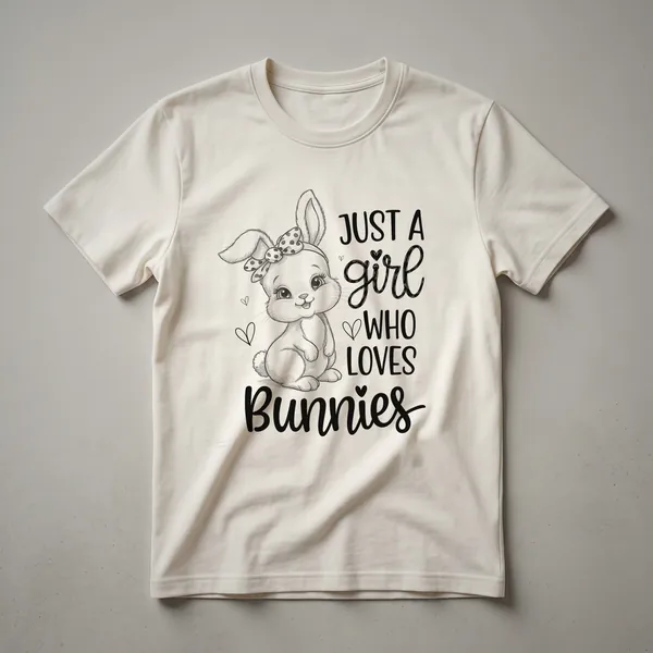 White graphic t-shirt featuring a stylized illustration of a rabbit in black ink, with the text 'Just A Girl Who Loves Bunnies' above it.