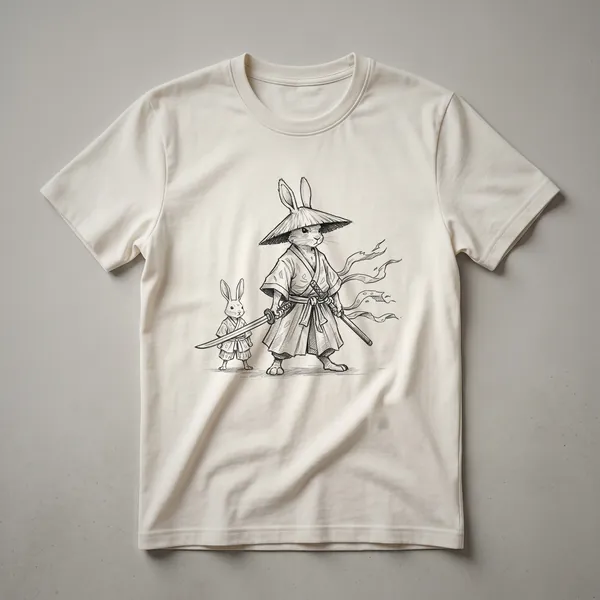 Black t-shirt featuring a cartoon rabbit dressed as a ninja or samurai, holding a sword, with Japanese-inspired graphic elements.