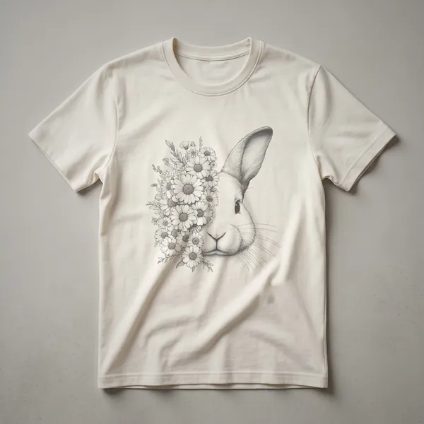 White t-shirt with a watercolor-style illustration of a rabbit surrounded by pink, purple, and green flowers and leaves.