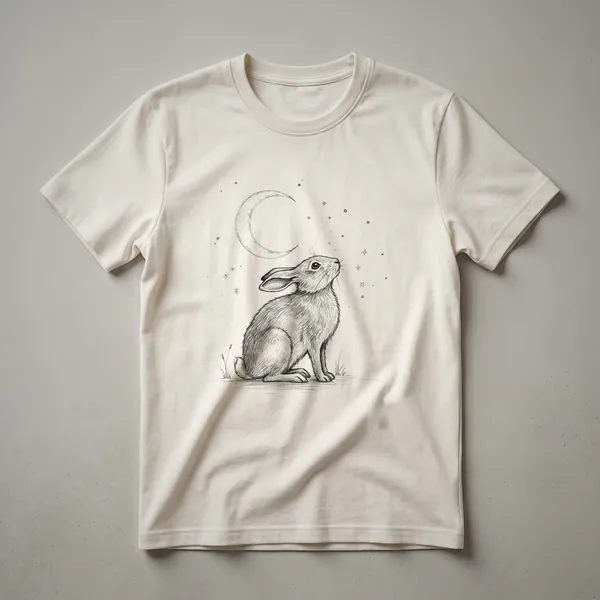 White graphic t-shirt featuring a watercolor illustration of a brown and white rabbit with floppy ears and a soft, artistic style.