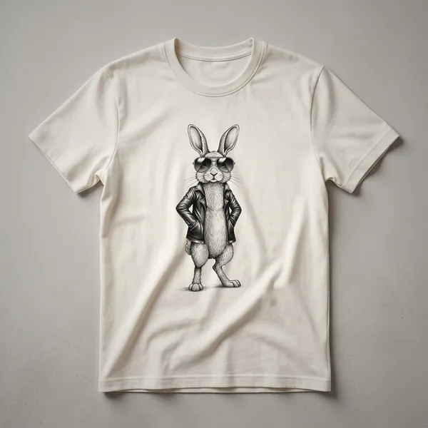 White graphic t-shirt featuring a black sketch of a rabbit wearing cool sunglasses and a vintage artistic style.
