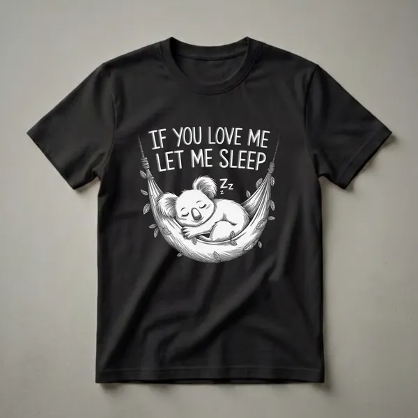 Black t-shirt featuring a sketch of a koala sleeping in a hammock with the text 'IF YOU LOVE ME LET ME SLEEP' above it.