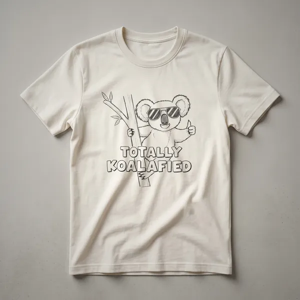 White graphic t-shirt with a cartoon koala wearing a graduation cap and holding a diploma, with the text 'Totally Koalafied'.