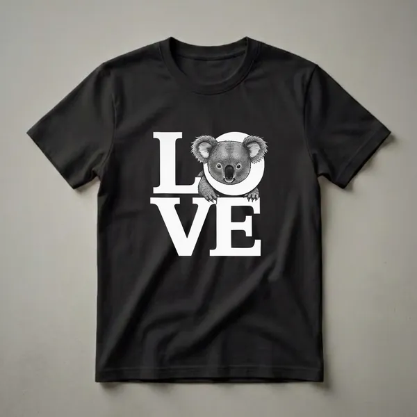 Black graphic t-shirt featuring a detailed black and white illustration of a koala peeking over the letters L and V, forming the word LOVE.