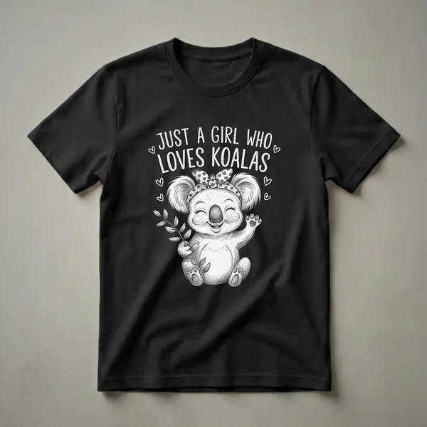 Black t-shirt with a white pencil sketch of a smiling koala wearing a polka dot headband and holding a eucalyptus branch, with text 'JUST A GIRL WHO LOVES KOALAS'.
