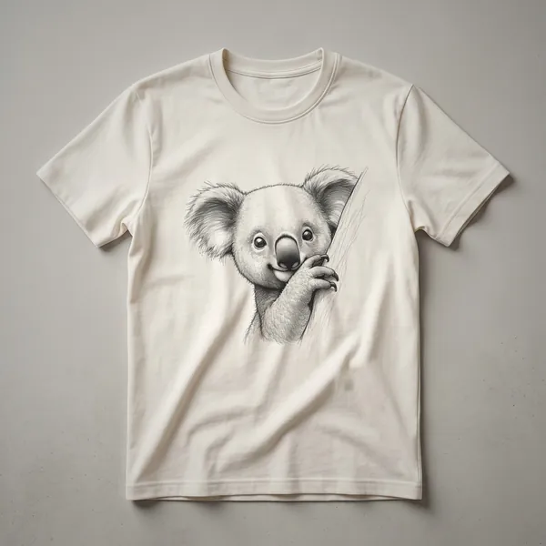 A white t-shirt with a graphic design of a cute koala peeking from the bottom edge.