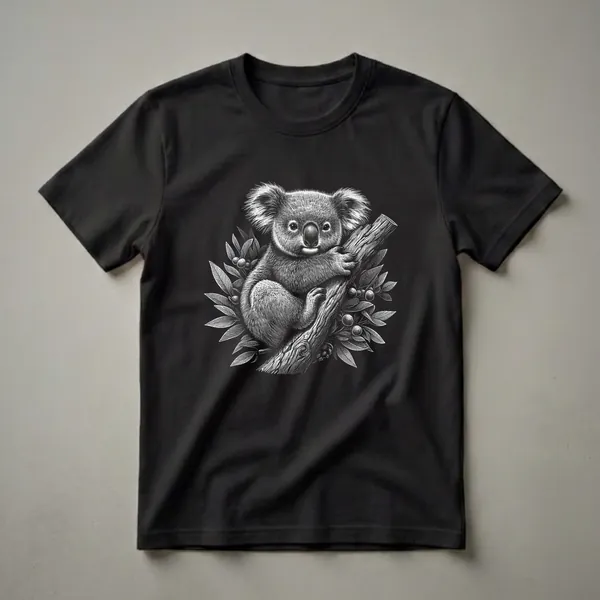 Black and white scratchboard art t-shirt featuring a koala clinging to a tree branch, surrounded by eucalyptus leaves and berries.