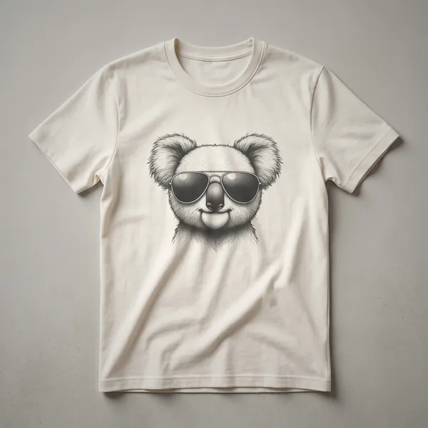 Black graphic t-shirt with a printed design of a koala wearing dark sunglasses and a subtle eucalyptus leaf background.
