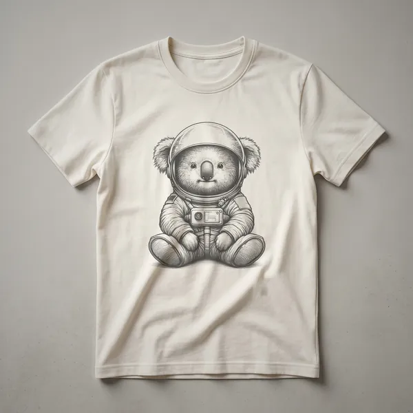 White t-shirt with a graphic of a cartoon koala bear wearing an astronaut helmet and suit, floating in space with stars and planets.
