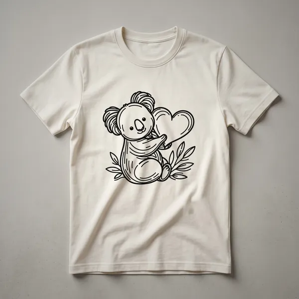 Black line art koala within a heart shape on a white t-shirt, showcasing a minimalist design for wildlife lovers.