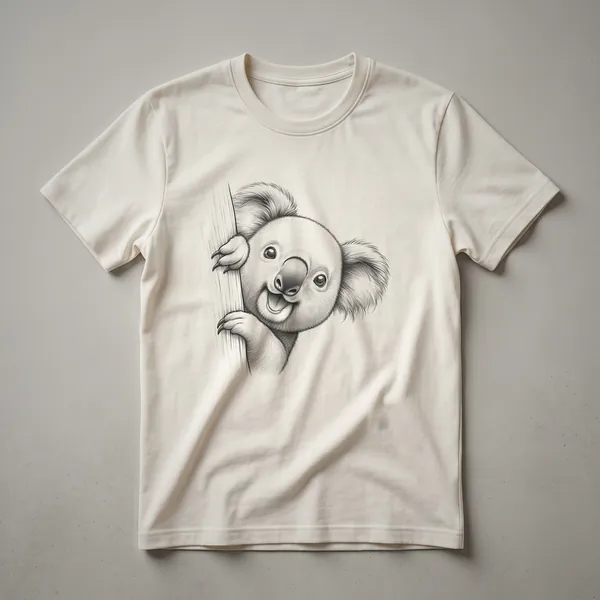 White graphic t-shirt with a cartoon koala peeking over the bottom edge, its face and paws visible.