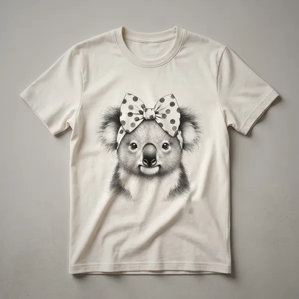 A white graphic t-shirt with a distressed design of a koala mother holding her joey, suitable for women and girls.