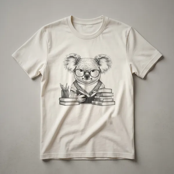 White graphic t-shirt featuring a cartoon koala bear wearing glasses and a cardigan, sitting on a stack of books and reading.