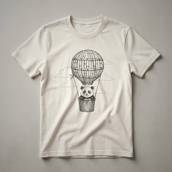 White t-shirt with a graphic of a cartoon panda sitting in a hot air balloon, with clouds around it.