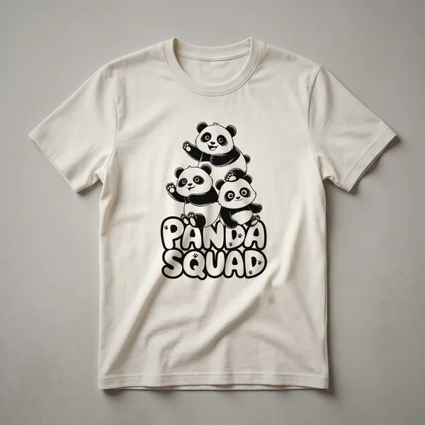 White t-shirt with a graphic design of a 'Panda Squad' featuring multiple cartoon pandas in a playful arrangement.