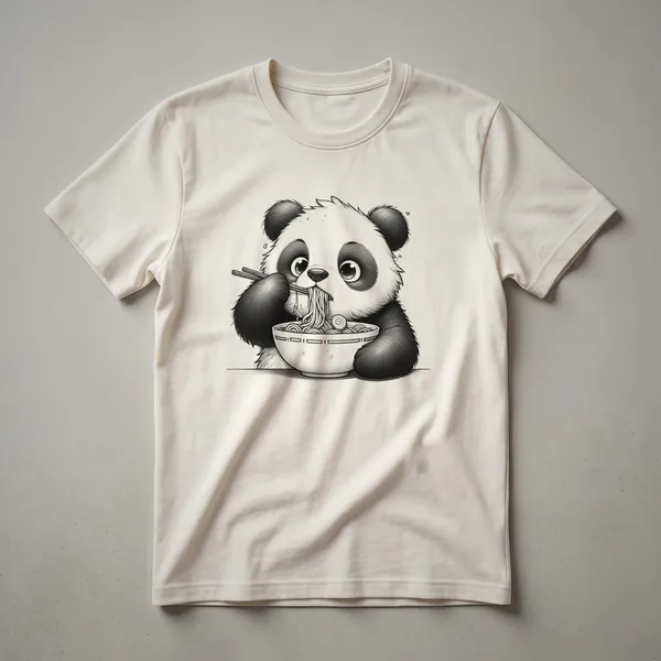 White graphic t-shirt featuring a cartoon panda character happily eating ramen noodles from a bowl with chopsticks.