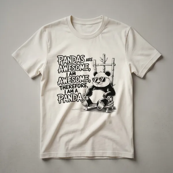 White graphic t-shirt featuring a cartoon panda bear sitting and eating bamboo with a humorous expression, black text above and below.