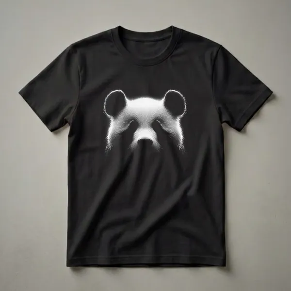 Black t-shirt with a white scratchboard illustration of a panda's face, focusing on its ears, eyes, and nose.