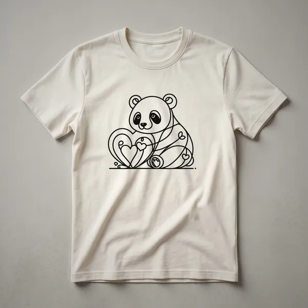 Black line art panda face inside a heart shape on a white t-shirt, with the heart outline also in black line art.