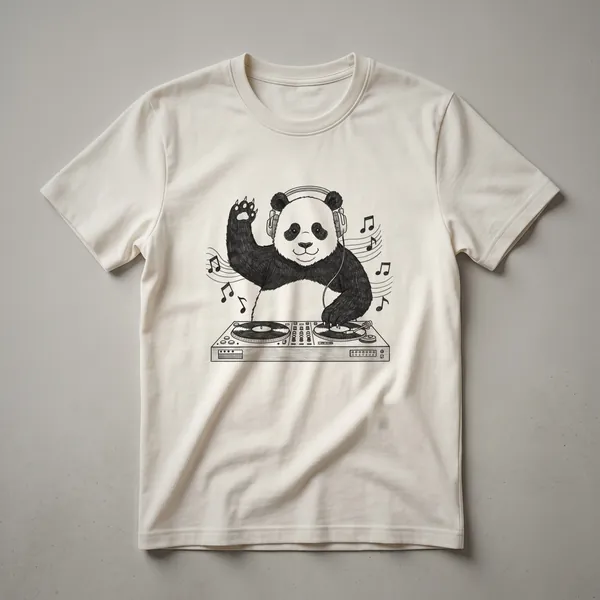 Black t-shirt with a graphic of a cartoon panda wearing headphones and a DJ shirt, holding a turntable, with the text 'Panda Music DJ Musician Funny Design For Men'.