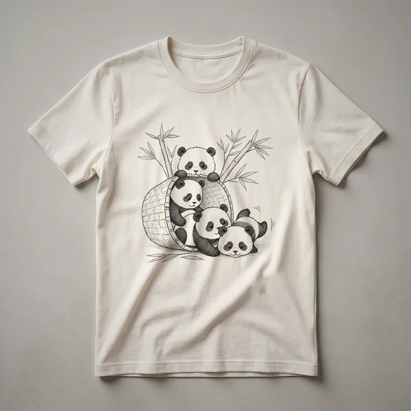 White graphic t-shirt featuring a playful design of two cartoon pandas interacting with bamboo stalks, suitable for children.