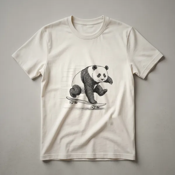 White graphic t-shirt with a black and white cartoon panda riding a skateboard, depicted in a dynamic pose with motion lines.