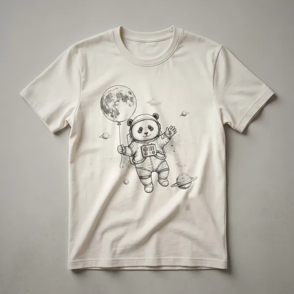 White t-shirt featuring a cartoon panda wearing an astronaut helmet and suit, floating in a starry space scene with planets.