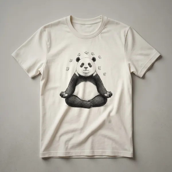 White graphic t-shirt with a black panda in a yoga pose, surrounded by colorful butterflies, with the text 'Zen' and 'Yoga' visible.