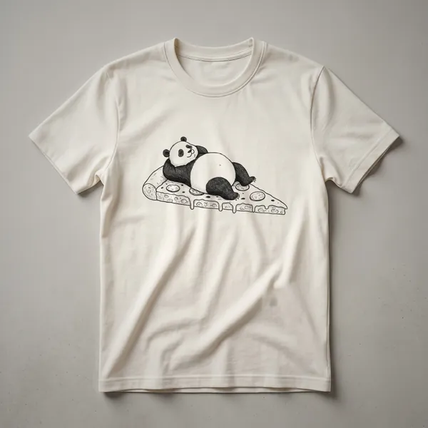 White graphic t-shirt featuring a cartoon panda with black markings happily eating a slice of pizza.