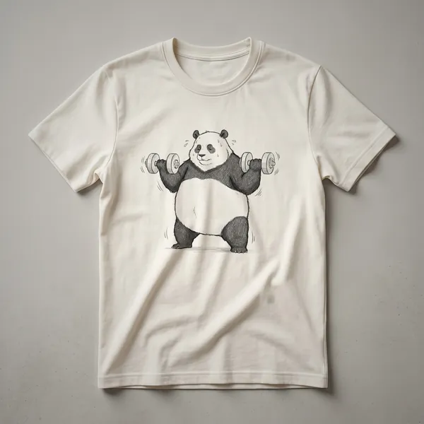 Black graphic t-shirt featuring a cartoon panda lifting dumbbells with a determined expression, designed for men who enjoy fitness.