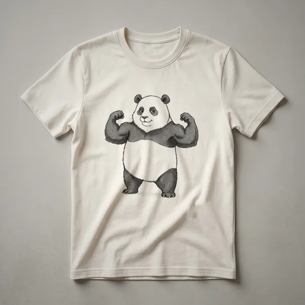 Black graphic t-shirt featuring a cartoon panda flexing its biceps with a determined expression, suitable for gym workouts.