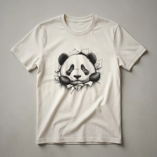 White graphic t-shirt with a black and white panda face peeking from the bottom edge of the shirt.