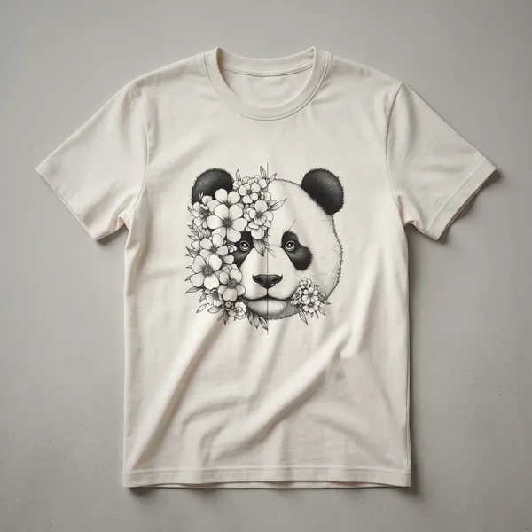 White graphic t-shirt featuring a stylized panda face made of colorful flowers and leaves, with black accents for the panda's eyes and nose.