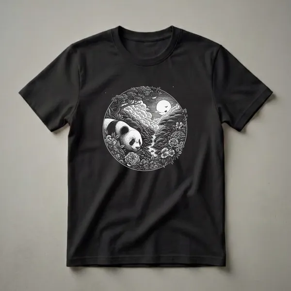 Black and white graphic t-shirt featuring a panda in a circular forest scene with a waterfall, moon, and abundant flora.