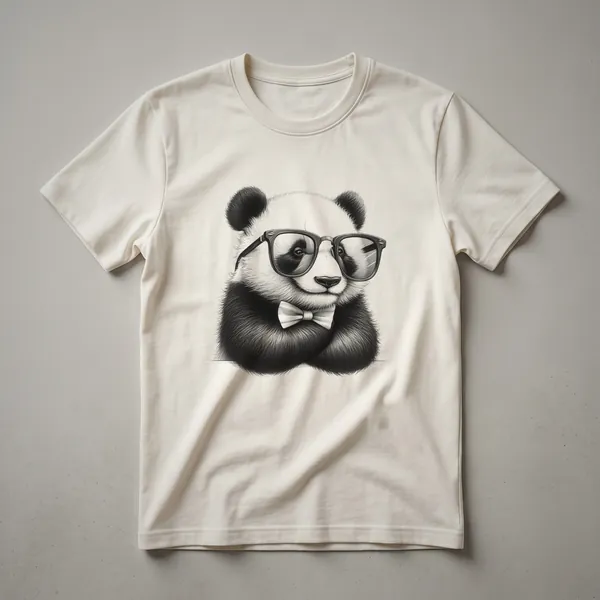White graphic t-shirt with a black and white panda face wearing dark sunglasses.