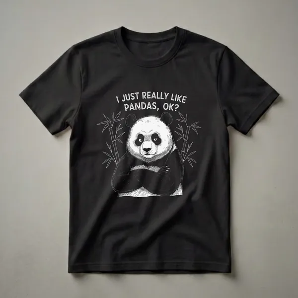 Black t-shirt with a hand-drawn illustration of a panda with arms crossed, bamboo stalks, and the text 'I Just Really Like Pandas, Ok?'