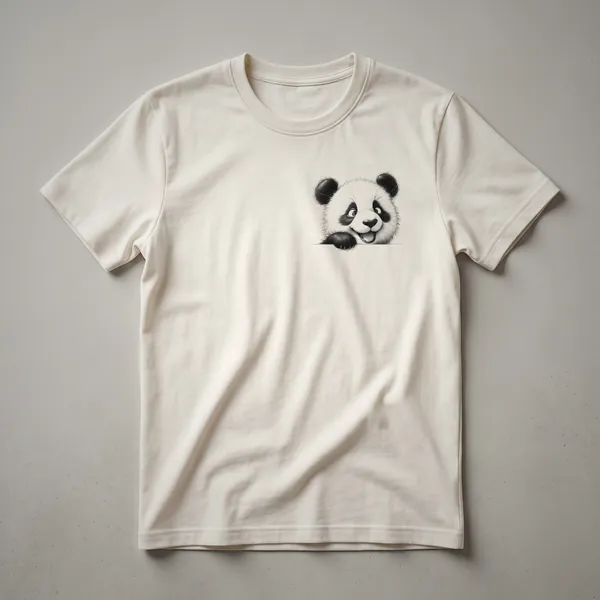 White graphic t-shirt featuring a cartoon panda with black markings peeking over the bottom hem, with its head and paws visible.
