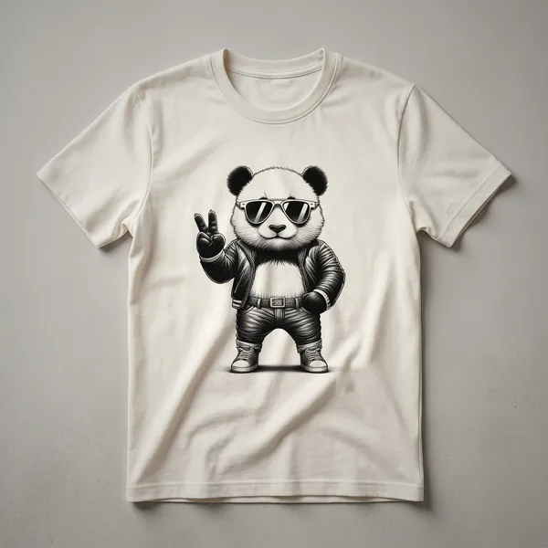 Black graphic t-shirt with a stylized illustration of a giant panda in white and black.