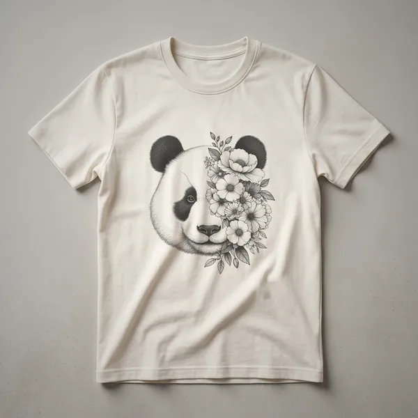 A white graphic t-shirt with a black and white panda face design surrounded by colorful flowers and leaves.