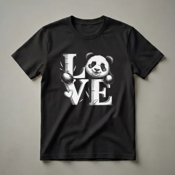 Black t-shirt with a sketch-style graphic of a panda peeking over the word LOVE, with bamboo leaves and a heart detail.
