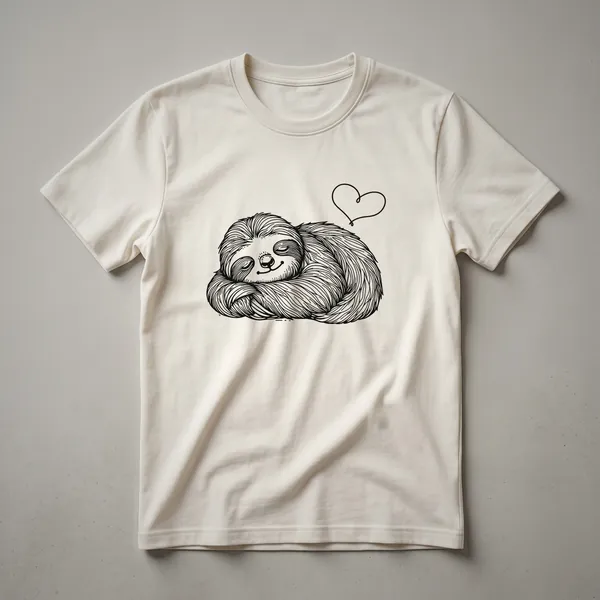 A black graphic t-shirt featuring a stylized illustration of a sleeping sloth hanging from a branch, with a heart shape integrated into the design.