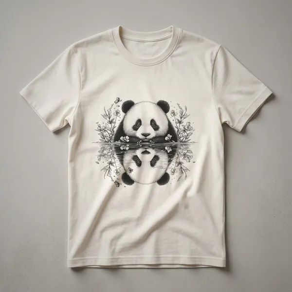 Black graphic t-shirt with a reflective nature design featuring a panda bear illustration surrounded by bamboo stalks.