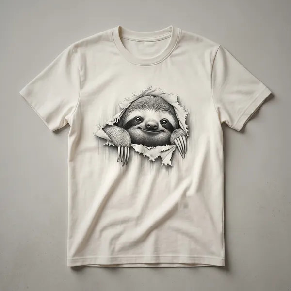 A black t-shirt with a graphic design of a cute sloth peeking from the bottom edge.