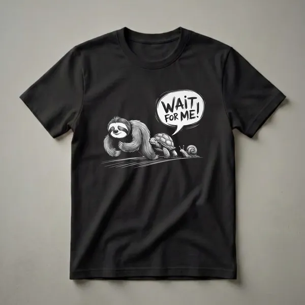 Black graphic t-shirt featuring a black and white illustration of a sloth, turtle, and snail racing with a speech bubble that reads 'WAIT FOR ME!'.