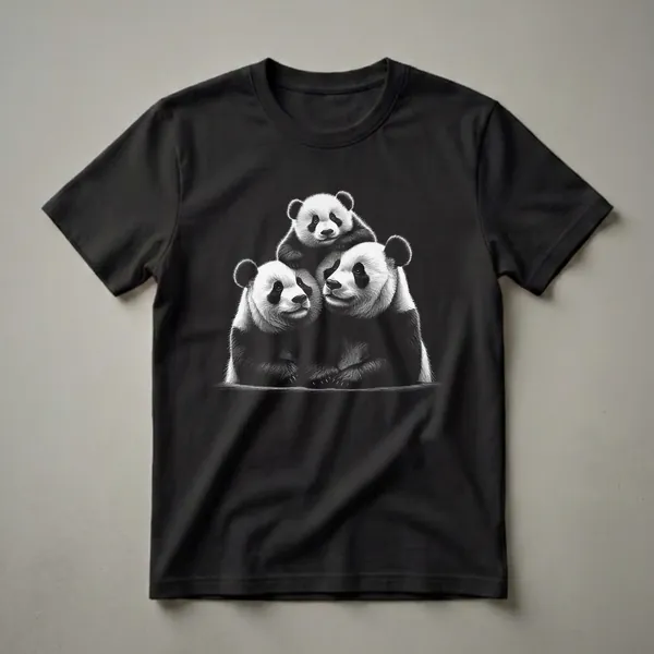 Black and white scratchboard art t-shirt featuring a panda family with two adults and one cub stacked together, set against a black background.