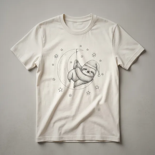 White graphic t-shirt featuring a sloth hanging from a crescent moon with stars and a subtle woodland background, designed for kids.