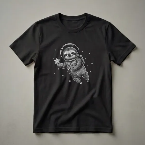 Black t-shirt with a pencil-sketch illustration of a smiling sloth wearing an astronaut suit and helmet, floating in space and holding a star.