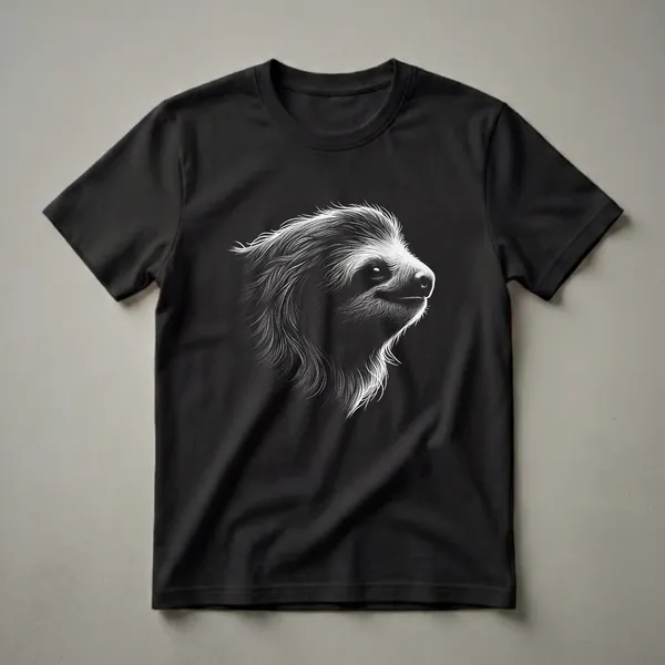 Black t-shirt featuring a detailed white line art illustration of a sloth's face with intricate lines capturing fur texture and a gentle expression.