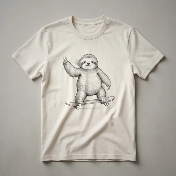 White graphic t-shirt featuring a cartoon sloth riding a skateboard with a distressed, vintage design.