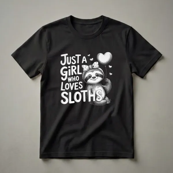 Black t-shirt with a white graphic of a sloth wearing a polka dot bandana and holding a heart balloon, with text 'Just A Girl Who Loves Sloths'.